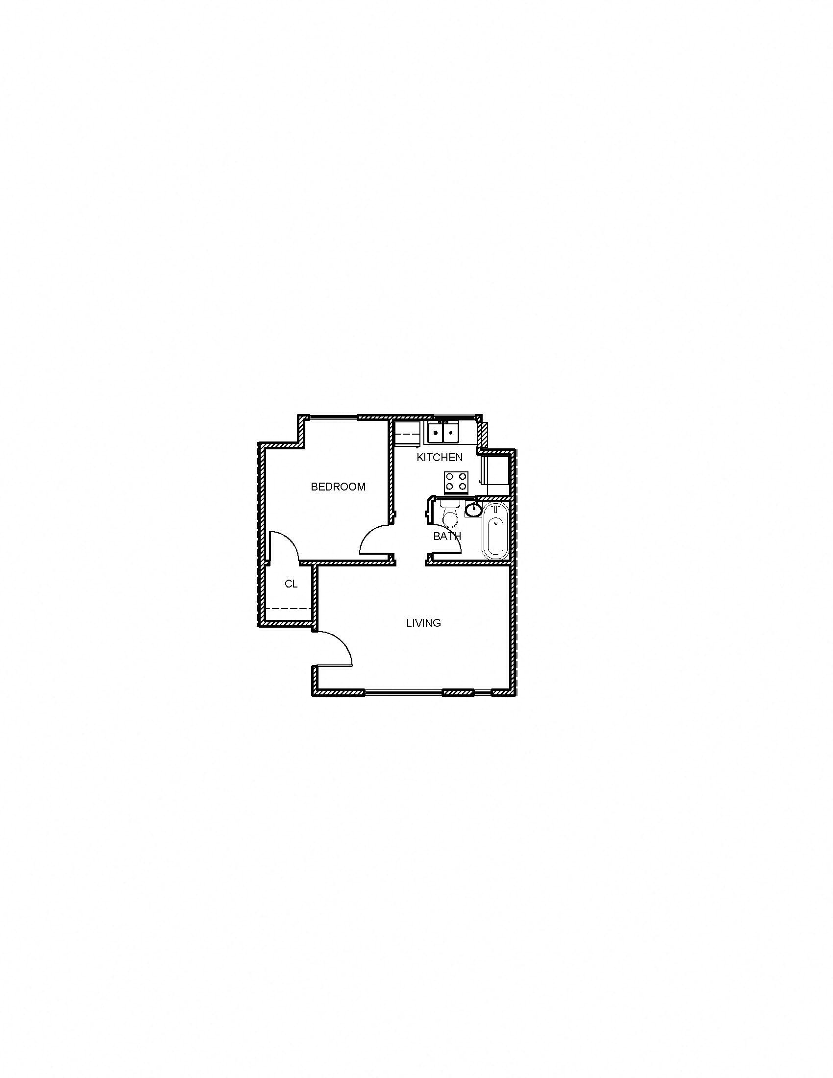 Floor plan for 1 bed, 1 bath, 641 sqft